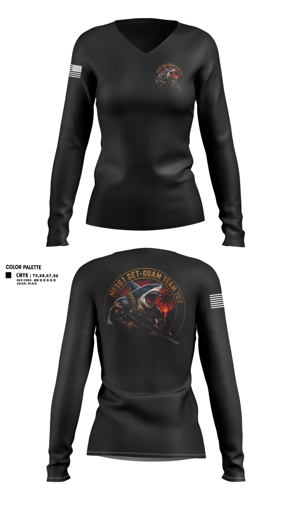 Womens Long Sleeve Vneck Shirt, MESG-1 DET GUAM TEAM 707, Navy, Teamtime, Team time, sublimation, custom sports apparel, team uniforms, spirit wear, spiritwear, sports uniforms, custom shirts, team store, custom team store, fundraiser sports, apparel fundraiser