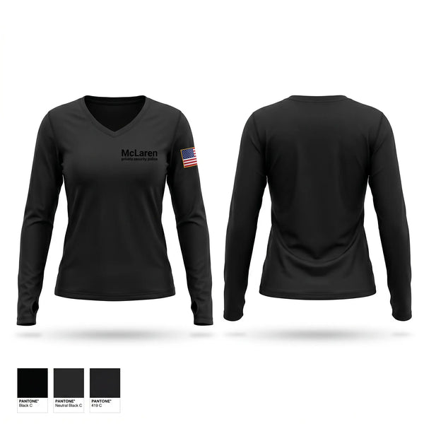 Womens Long Sleeve Vneck Shirt, McLaren private security police, Police, Teamtime, Team time, sublimation, custom sports apparel, team uniforms, spirit wear, spiritwear, sports uniforms, custom shirts, team store, custom team store, fundraiser sports, apparel fundraiser