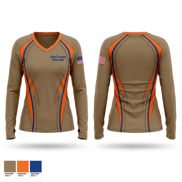 Womens Long Sleeve Vneck Shirt, Alpha Company 304th ESB-E, Army, Teamtime, Team time, sublimation, custom sports apparel, team uniforms, spirit wear, spiritwear, sports uniforms, custom shirts, team store, custom team store, fundraiser sports, apparel fundraiser