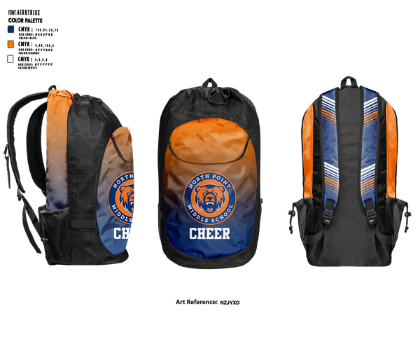 Gear Bag, North Point Middle School Cheer, Cheer, Teamtime, Team time, sublimation, custom sports apparel, team uniforms, spirit wear, spiritwear, sports uniforms, custom shirts, team store, custom team store, fundraiser sports, apparel fundraiser