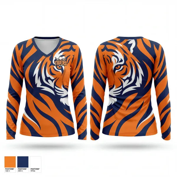Womens Long Sleeve Vneck Shirt, Malone Tigers, Baseball, Teamtime, Team time, sublimation, custom sports apparel, team uniforms, spirit wear, spiritwear, sports uniforms, custom shirts, team store, custom team store, fundraiser sports, apparel fundraiser