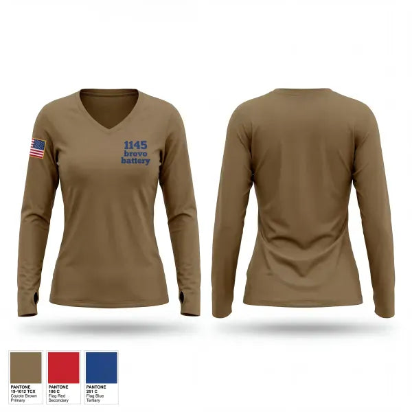 Womens Long Sleeve Vneck Shirt, 1-145 brovo battery, Army, Teamtime, Team time, sublimation, custom sports apparel, team uniforms, spirit wear, spiritwear, sports uniforms, custom shirts, team store, custom team store, fundraiser sports, apparel fundraiser