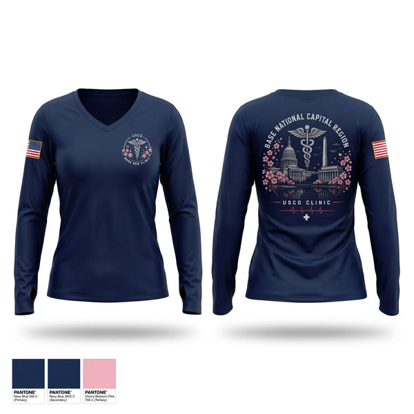 Womens Long Sleeve Vneck Shirt, Base NCR Clinic, Coast Guard, Teamtime, Team time, sublimation, custom sports apparel, team uniforms, spirit wear, spiritwear, sports uniforms, custom shirts, team store, custom team store, fundraiser sports, apparel fundraiser