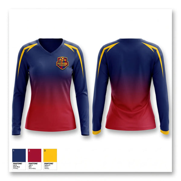 Womens Long Sleeve Vneck Shirt, Fruitridge azulgranas, Men's Soccer, Teamtime, Team time, sublimation, custom sports apparel, team uniforms, spirit wear, spiritwear, sports uniforms, custom shirts, team store, custom team store, fundraiser sports, apparel fundraiser