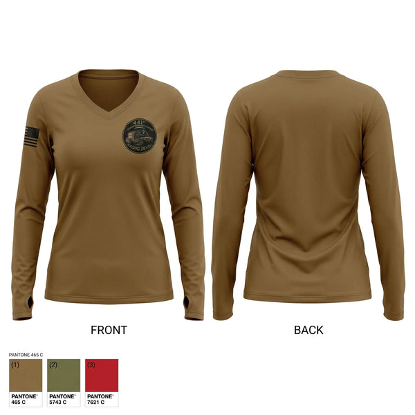 Womens Long Sleeve Vneck Shirt, 441st Ground Ambulance, Army, Teamtime, Team time, sublimation, custom sports apparel, team uniforms, spirit wear, spiritwear, sports uniforms, custom shirts, team store, custom team store, fundraiser sports, apparel fundraiser