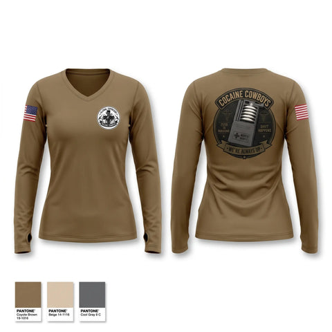 Womens Long Sleeve Vneck Shirt, Cocaine Cowboys, Army, Teamtime, Team time, sublimation, custom sports apparel, team uniforms, spirit wear, spiritwear, sports uniforms, custom shirts, team store, custom team store, fundraiser sports, apparel fundraiser