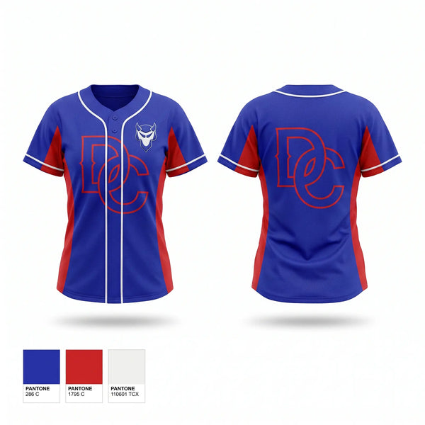 Two Button Softball Jersey, Blue Devils, Softball, Teamtime, Team time, sublimation, custom sports apparel, team uniforms, spirit wear, spiritwear, sports uniforms, custom shirts, team store, custom team store, fundraiser sports, apparel fundraiser