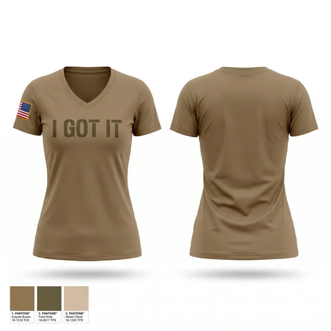Womens Short Sleeve Vneck Shirt, I GOT IT, Army, Teamtime, Team time, sublimation, custom sports apparel, team uniforms, spirit wear, spiritwear, sports uniforms, custom shirts, team store, custom team store, fundraiser sports, apparel fundraiser