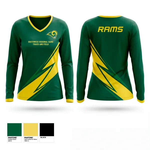 Womens Long Sleeve Vneck Shirt, Southwick Regional Rams, Track & Field, Teamtime, Team time, sublimation, custom sports apparel, team uniforms, spirit wear, spiritwear, sports uniforms, custom shirts, team store, custom team store, fundraiser sports, apparel fundraiser