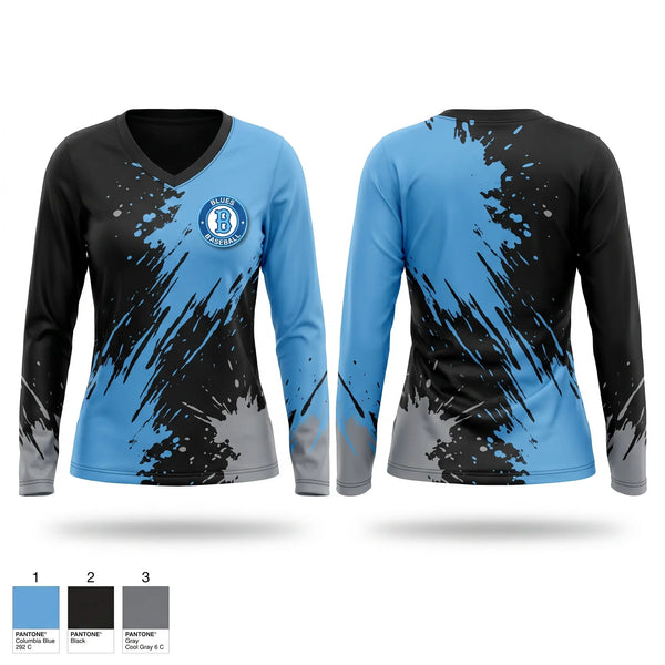 Womens Long Sleeve Vneck Shirt, Blues, Baseball, Teamtime, Team time, sublimation, custom sports apparel, team uniforms, spirit wear, spiritwear, sports uniforms, custom shirts, team store, custom team store, fundraiser sports, apparel fundraiser