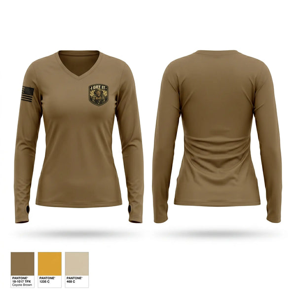 Womens Long Sleeve Vneck Shirt, McGregor Range, Army, Teamtime, Team time, sublimation, custom sports apparel, team uniforms, spirit wear, spiritwear, sports uniforms, custom shirts, team store, custom team store, fundraiser sports, apparel fundraiser