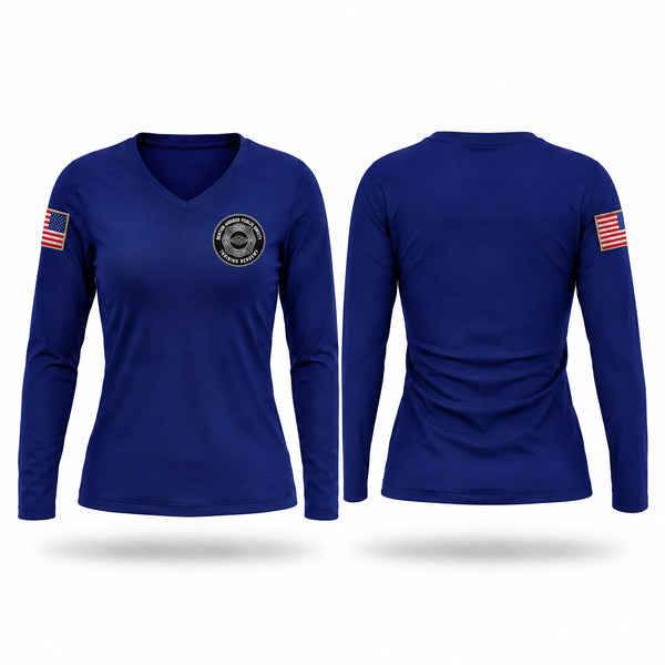 Womens Long Sleeve Vneck Shirt, Benton Harbor Department of Public Safety, Fire Department, Teamtime, Team time, sublimation, custom sports apparel, team uniforms, spirit wear, spiritwear, sports uniforms, custom shirts, team store, custom team store, fundraiser sports, apparel fundraiser