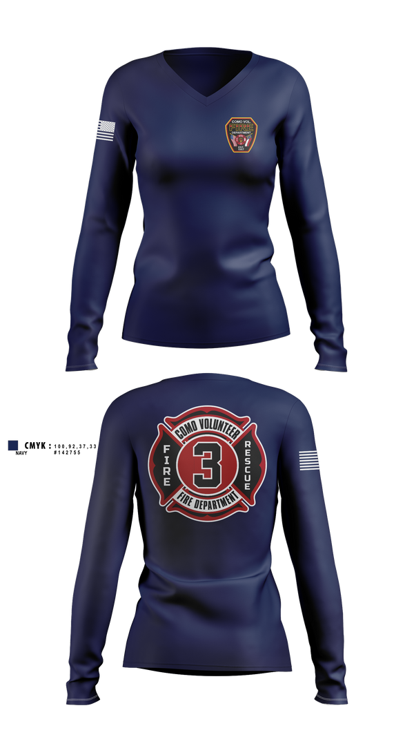 Womens Long Sleeve Vneck Shirt, Como Volunteer Fire Department, Fire Department, Teamtime, Team time, sublimation, custom sports apparel, team uniforms, spirit wear, spiritwear, sports uniforms, custom shirts, team store, custom team store, fundraiser sports, apparel fundraiser