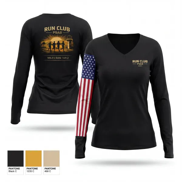 Womens Long Sleeve Vneck Shirt, RUN CLUB, Air Force, Teamtime, Team time, sublimation, custom sports apparel, team uniforms, spirit wear, spiritwear, sports uniforms, custom shirts, team store, custom team store, fundraiser sports, apparel fundraiser