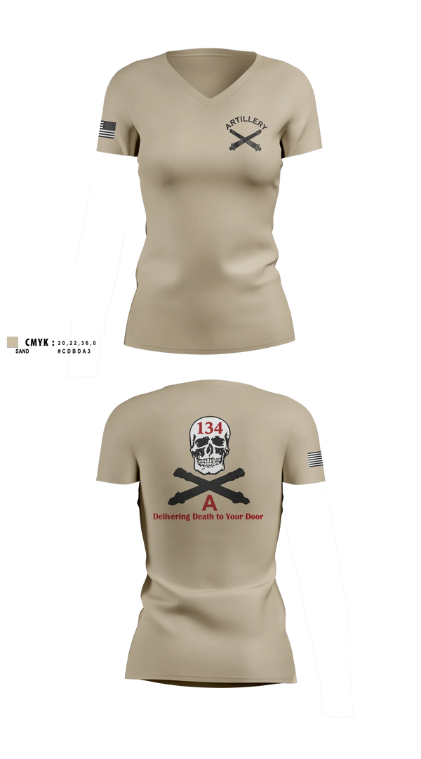 Womens Short Sleeve Vneck Shirt, A Battery 1-134th Field Artillery, Army, Teamtime, Team time, sublimation, custom sports apparel, team uniforms, spirit wear, spiritwear, sports uniforms, custom shirts, team store, custom team store, fundraiser sports, apparel fundraiser