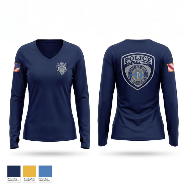 Womens Long Sleeve Vneck Shirt, Williamsburg Police Department, Police, Teamtime, Team time, sublimation, custom sports apparel, team uniforms, spirit wear, spiritwear, sports uniforms, custom shirts, team store, custom team store, fundraiser sports, apparel fundraiser