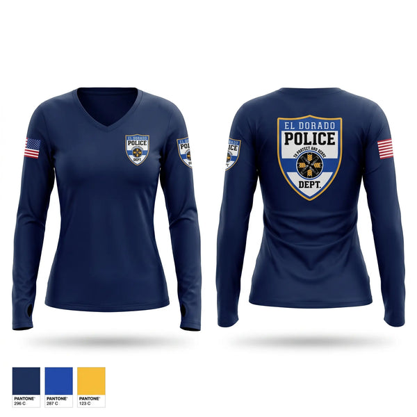Womens Long Sleeve Vneck Shirt, El dorado Police Department, Police, Teamtime, Team time, sublimation, custom sports apparel, team uniforms, spirit wear, spiritwear, sports uniforms, custom shirts, team store, custom team store, fundraiser sports, apparel fundraiser
