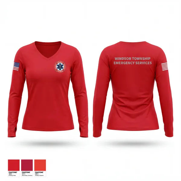 Womens Long Sleeve Vneck Shirt, Windsor Township Emergency Services, Fire Department, Teamtime, Team time, sublimation, custom sports apparel, team uniforms, spirit wear, spiritwear, sports uniforms, custom shirts, team store, custom team store, fundraiser sports, apparel fundraiser