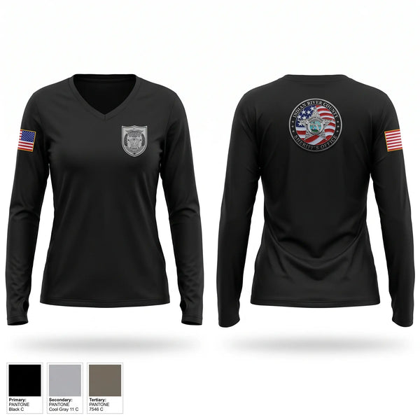 Womens Long Sleeve Vneck Shirt, Indian River County Sheriff’s Office Corrections, Police, Teamtime, Team time, sublimation, custom sports apparel, team uniforms, spirit wear, spiritwear, sports uniforms, custom shirts, team store, custom team store, fundraiser sports, apparel fundraiser