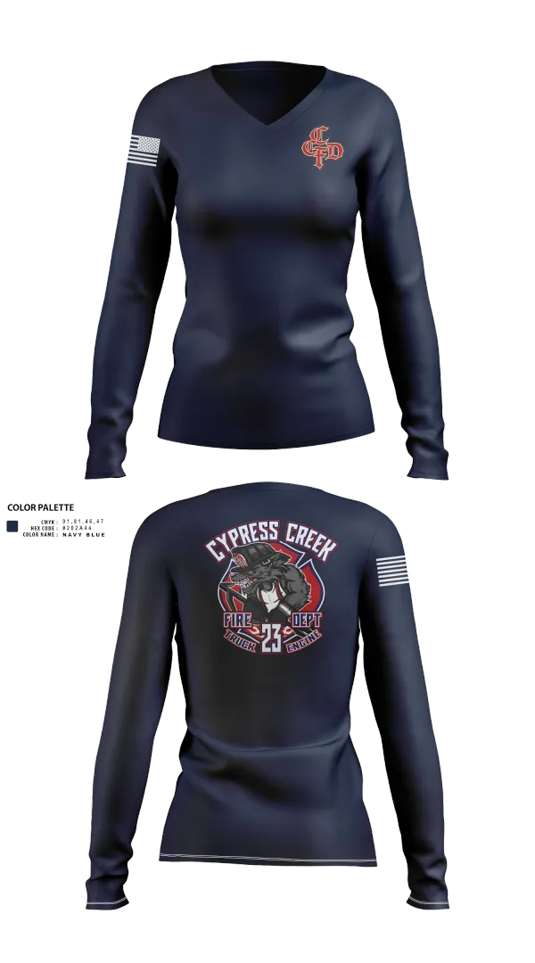 Womens Long Sleeve Vneck Shirt, Cy Creek Fire 23, Fire Department, Teamtime, Team time, sublimation, custom sports apparel, team uniforms, spirit wear, spiritwear, sports uniforms, custom shirts, team store, custom team store, fundraiser sports, apparel fundraiser