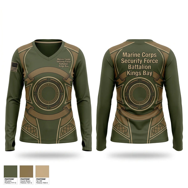 Womens Long Sleeve Vneck Shirt, Marine Corps Security Force Battalion Kings Bay, Marines, Teamtime, Team time, sublimation, custom sports apparel, team uniforms, spirit wear, spiritwear, sports uniforms, custom shirts, team store, custom team store, fundraiser sports, apparel fundraiser