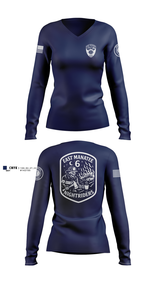 Womens Long Sleeve Vneck Shirt, East Manatee, Fire Department, Teamtime, Team time, sublimation, custom sports apparel, team uniforms, spirit wear, spiritwear, sports uniforms, custom shirts, team store, custom team store, fundraiser sports, apparel fundraiser