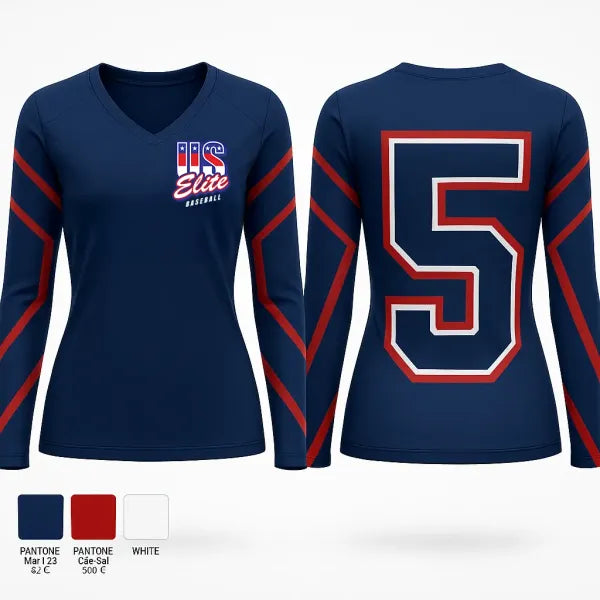 Womens Long Sleeve Vneck Shirt, U S Elite, Baseball, Teamtime, Team time, sublimation, custom sports apparel, team uniforms, spirit wear, spiritwear, sports uniforms, custom shirts, team store, custom team store, fundraiser sports, apparel fundraiser