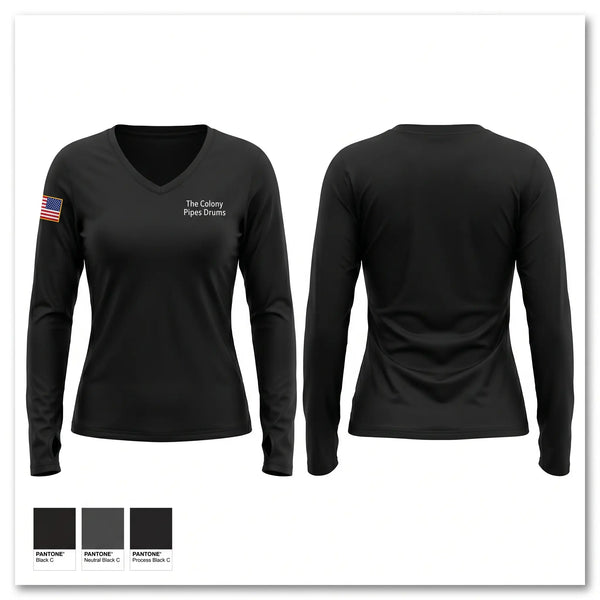 Womens Long Sleeve Vneck Shirt, The Colony Pipes & Drums, Fire Department, Teamtime, Team time, sublimation, custom sports apparel, team uniforms, spirit wear, spiritwear, sports uniforms, custom shirts, team store, custom team store, fundraiser sports, apparel fundraiser