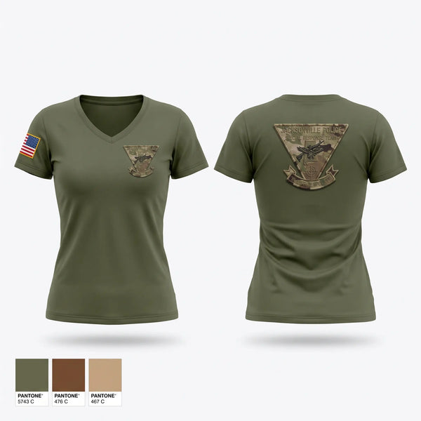 Womens Short Sleeve Vneck Shirt, Jacksonville Police SRT, Police, Teamtime, Team time, sublimation, custom sports apparel, team uniforms, spirit wear, spiritwear, sports uniforms, custom shirts, team store, custom team store, fundraiser sports, apparel fundraiser
