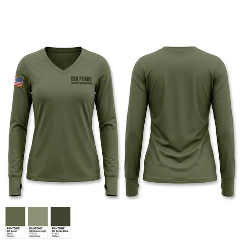 Womens Long Sleeve Vneck Shirt, BTR PCADS Aerial Firefighting, Fire Department, Teamtime, Team time, sublimation, custom sports apparel, team uniforms, spirit wear, spiritwear, sports uniforms, custom shirts, team store, custom team store, fundraiser sports, apparel fundraiser