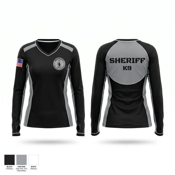 Womens Long Sleeve Vneck Shirt, SHERIFF K9 UNIT, Police, Teamtime, Team time, sublimation, custom sports apparel, team uniforms, spirit wear, spiritwear, sports uniforms, custom shirts, team store, custom team store, fundraiser sports, apparel fundraiser