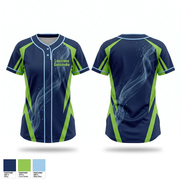 Two Button Softball Jersey, Louisiana Gunsmoke, Softball, Teamtime, Team time, sublimation, custom sports apparel, team uniforms, spirit wear, spiritwear, sports uniforms, custom shirts, team store, custom team store, fundraiser sports, apparel fundraiser