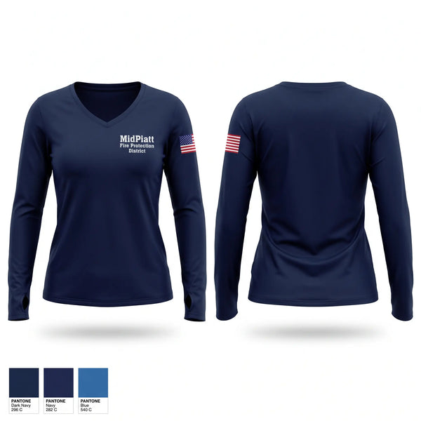 Womens Long Sleeve Vneck Shirt, Mid-Piatt Fire Protection District, Fire Department, Teamtime, Team time, sublimation, custom sports apparel, team uniforms, spirit wear, spiritwear, sports uniforms, custom shirts, team store, custom team store, fundraiser sports, apparel fundraiser