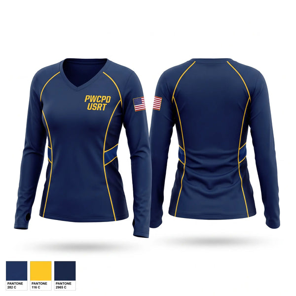 Womens Long Sleeve Vneck Shirt, PWCPD USRT, Police, Teamtime, Team time, sublimation, custom sports apparel, team uniforms, spirit wear, spiritwear, sports uniforms, custom shirts, team store, custom team store, fundraiser sports, apparel fundraiser
