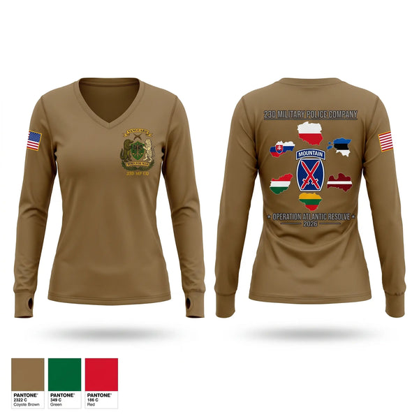 Womens Long Sleeve Vneck Shirt, 23D Military Police Company Deployment 2026, Army, Teamtime, Team time, sublimation, custom sports apparel, team uniforms, spirit wear, spiritwear, sports uniforms, custom shirts, team store, custom team store, fundraiser sports, apparel fundraiser