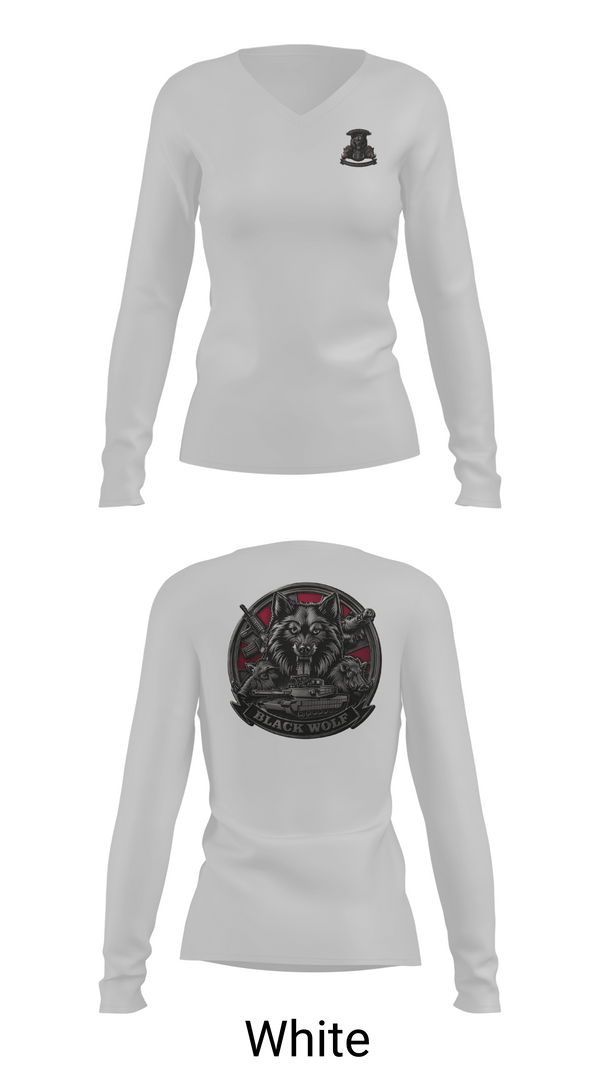 Womens Long Sleeve Vneck Shirt, Black Wolf Company, 3-67 AR, Army, Teamtime, Team time, sublimation, custom sports apparel, team uniforms, spirit wear, spiritwear, sports uniforms, custom shirts, team store, custom team store, fundraiser sports, apparel fundraiser