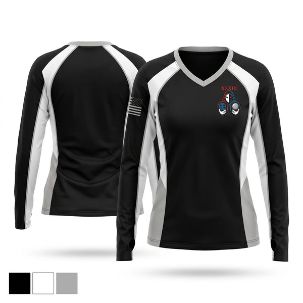Womens Long Sleeve Vneck Shirt, 33D Range & Aggressor Squadron, Space Force, Teamtime, Team time, sublimation, custom sports apparel, team uniforms, spirit wear, spiritwear, sports uniforms, custom shirts, team store, custom team store, fundraiser sports, apparel fundraiser