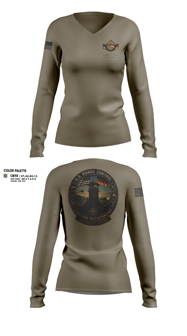 Womens Long Sleeve Vneck Shirt, 7TH ATC, Army, Teamtime, Team time, sublimation, custom sports apparel, team uniforms, spirit wear, spiritwear, sports uniforms, custom shirts, team store, custom team store, fundraiser sports, apparel fundraiser