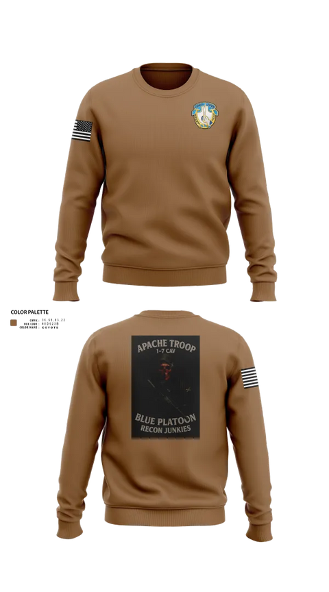 Crew Neck Sweatshirt, 1-7 Cavlary Division Apache Troop Blue Platoon Recon Junkies, Army, Teamtime, Team time, sublimation, custom sports apparel, team uniforms, spirit wear, spiritwear, sports uniforms, custom shirts, team store, custom team store, fundraiser sports, apparel fundraiser