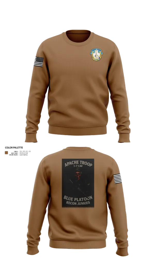 Crew Neck Sweatshirt, 1-7 Cavlary Division Apache Troop Blue Platoon Recon Junkies, Army, Teamtime, Team time, sublimation, custom sports apparel, team uniforms, spirit wear, spiritwear, sports uniforms, custom shirts, team store, custom team store, fundraiser sports, apparel fundraiser