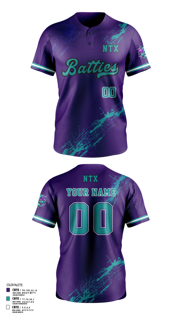 Two Button Softball Jersey, NTX BATTIES, Softball, Teamtime, Team time, sublimation, custom sports apparel, team uniforms, spirit wear, spiritwear, sports uniforms, custom shirts, team store, custom team store, fundraiser sports, apparel fundraiser