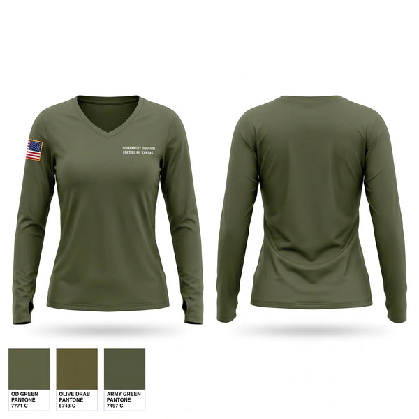Womens Long Sleeve Vneck Shirt, 1st infantry division fort Riley Kansas, Bowling, Teamtime, Team time, sublimation, custom sports apparel, team uniforms, spirit wear, spiritwear, sports uniforms, custom shirts, team store, custom team store, fundraiser sports, apparel fundraiser
