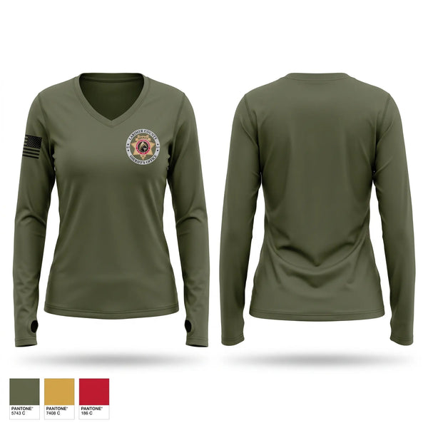 Womens Long Sleeve Vneck Shirt, Larimer County Sheriff K9, Police, Teamtime, Team time, sublimation, custom sports apparel, team uniforms, spirit wear, spiritwear, sports uniforms, custom shirts, team store, custom team store, fundraiser sports, apparel fundraiser