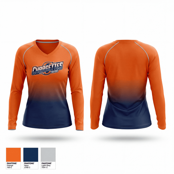 Womens Long Sleeve Vneck Shirt, Chargettes, Spirit Store, Teamtime, Team time, sublimation, custom sports apparel, team uniforms, spirit wear, spiritwear, sports uniforms, custom shirts, team store, custom team store, fundraiser sports, apparel fundraiser