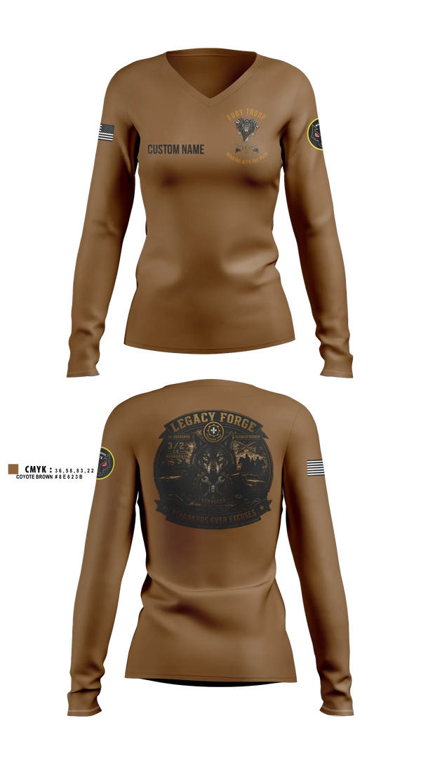 Womens Long Sleeve Vneck Shirt, Legacy 3/2 Fury Troop, Army, Teamtime, Team time, sublimation, custom sports apparel, team uniforms, spirit wear, spiritwear, sports uniforms, custom shirts, team store, custom team store, fundraiser sports, apparel fundraiser