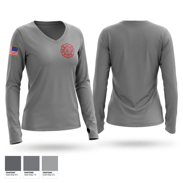 Womens Long Sleeve Vneck Shirt, Lometa volunteer fire department, Fire Department, Teamtime, Team time, sublimation, custom sports apparel, team uniforms, spirit wear, spiritwear, sports uniforms, custom shirts, team store, custom team store, fundraiser sports, apparel fundraiser