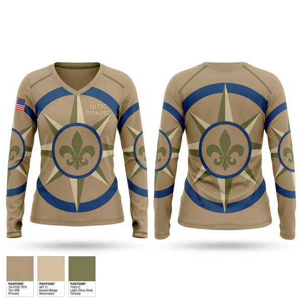 Womens Long Sleeve Vneck Shirt, 1st TSC/316th ESC, Army, Teamtime, Team time, sublimation, custom sports apparel, team uniforms, spirit wear, spiritwear, sports uniforms, custom shirts, team store, custom team store, fundraiser sports, apparel fundraiser