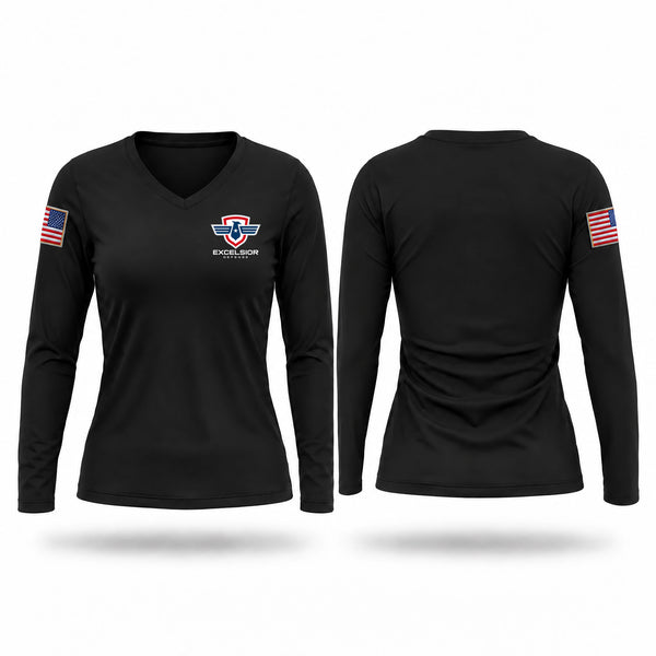 Womens Long Sleeve Vneck Shirt, Excelsior Defense INC, Police, Teamtime, Team time, sublimation, custom sports apparel, team uniforms, spirit wear, spiritwear, sports uniforms, custom shirts, team store, custom team store, fundraiser sports, apparel fundraiser