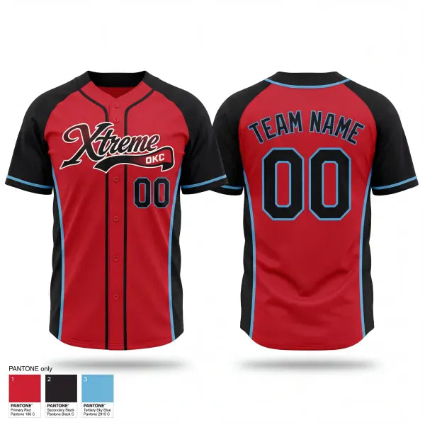 Full Button Baseball Jersey, Okc xtreme, Baseball, Teamtime, Team time, sublimation, custom sports apparel, team uniforms, spirit wear, spiritwear, sports uniforms, custom shirts, team store, custom team store, fundraiser sports, apparel fundraiser