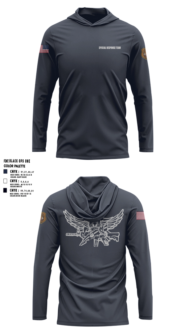 Long Sleeve hooded sunshirt, Special Response Team, Police, Teamtime, Team time, sublimation, custom sports apparel, team uniforms, spirit wear, spiritwear, sports uniforms, custom shirts, team store, custom team store, fundraiser sports, apparel fundraiser